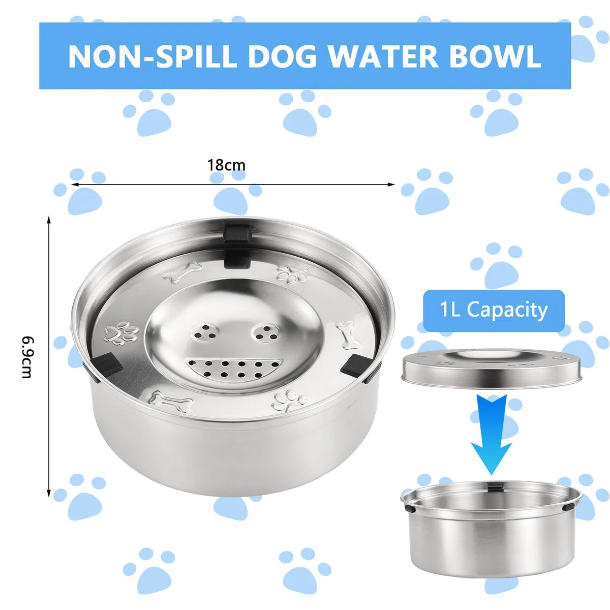 Set Di Ciotola Acqua Cane Antigoccia 1L In Acciaio Inox,Ciotola Galleggiante Per Cibo Per Cani Con Supporto Galleggiante,Senza Sporcare,Facile Da Pulire,Ideale Per Gatti E Cani