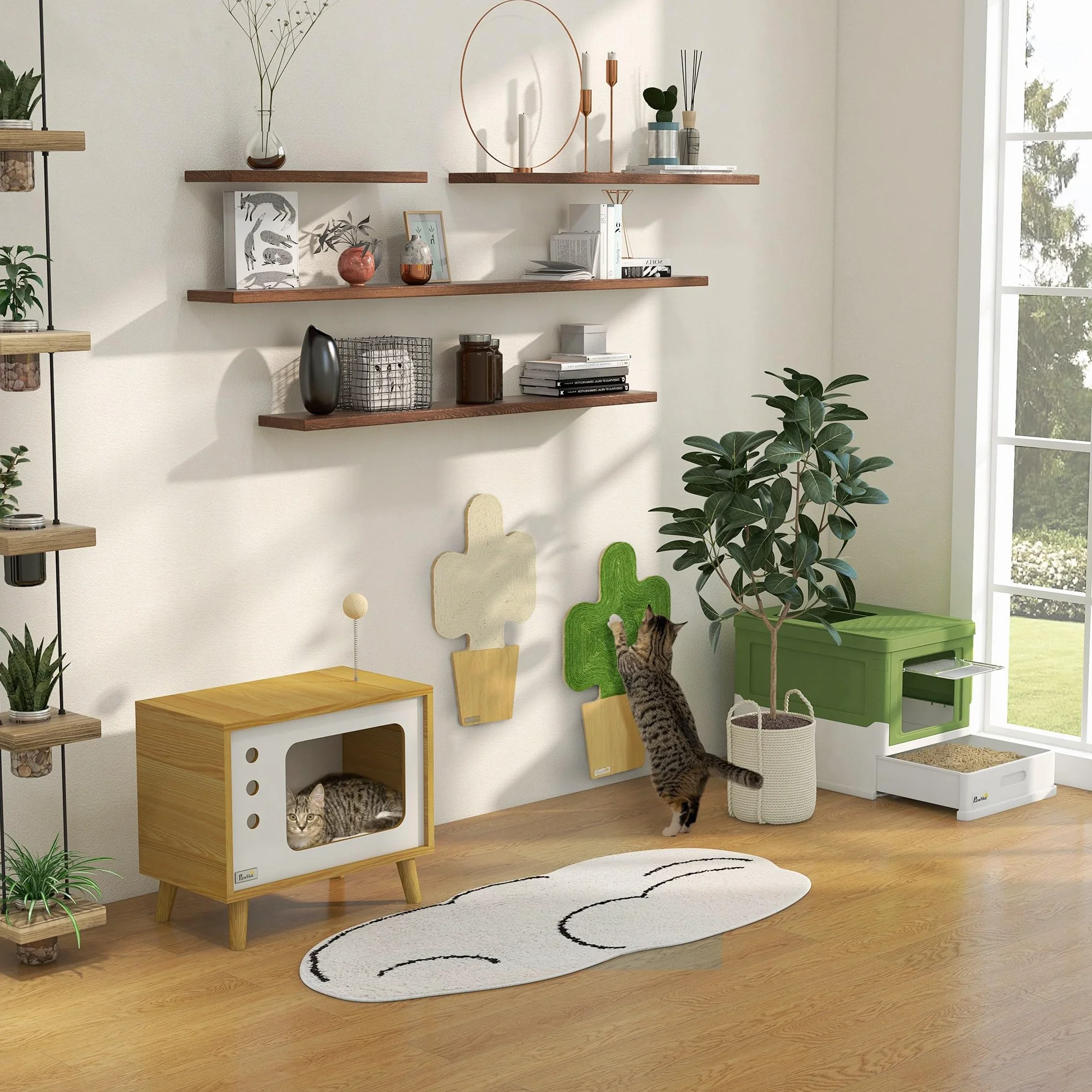 PawHut Casetta per Gatti a forma di Televisore con Cuscino e Pallina Giocattolo, Mobile da Soggiorno in Truciolato, 50x28x43 cm