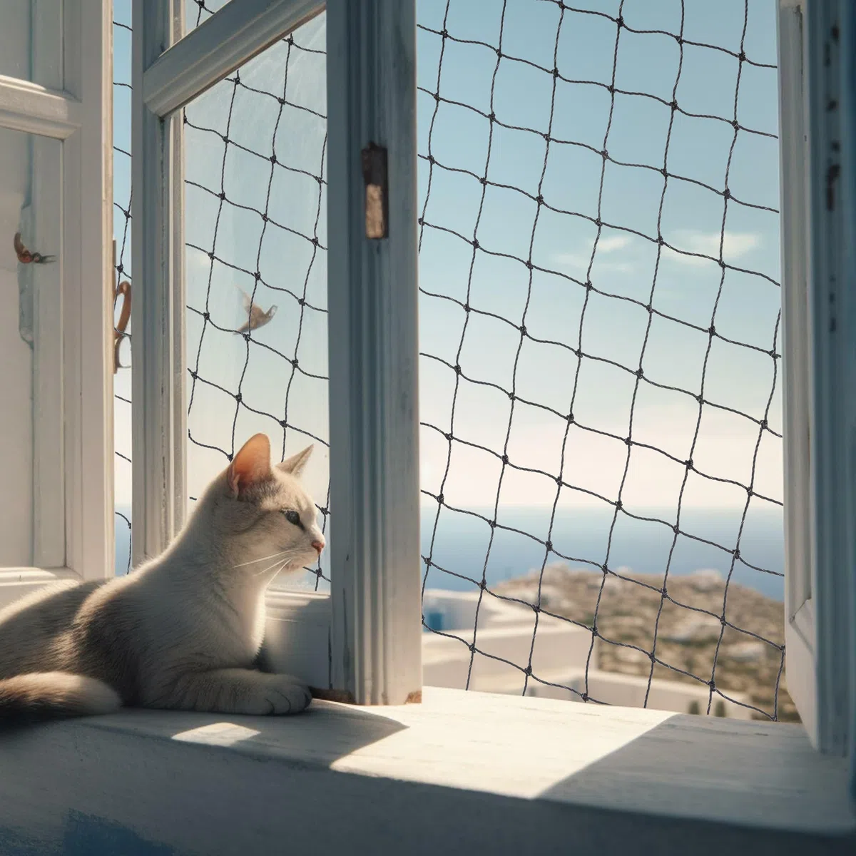 Rete per gatti per balcone, 4 x 3 m, rete da balcone rinforzata con filo per gatti, materiale di fissaggio, protezione sicura per gatti, balcone senza foratura, rete di sicurezza per gatti