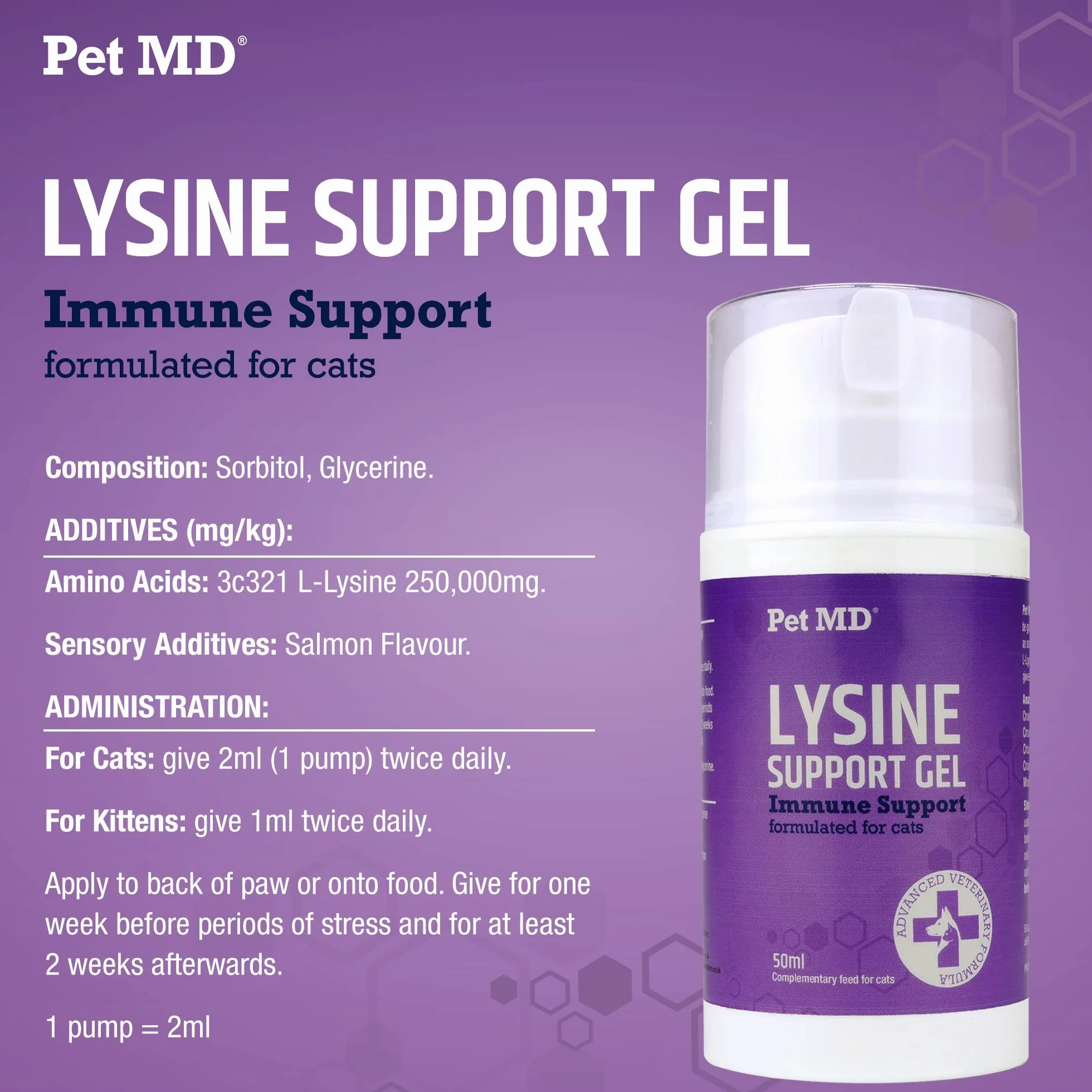 Swedencare Pet MD, Gel di Supporto a Base di Lisina per Gatti, Lisina L per Gatti, Supporto per Allergie e Carenze Immunitarie per Gatti, Integratore per Gatti, Gusto Salmone - 50 ml