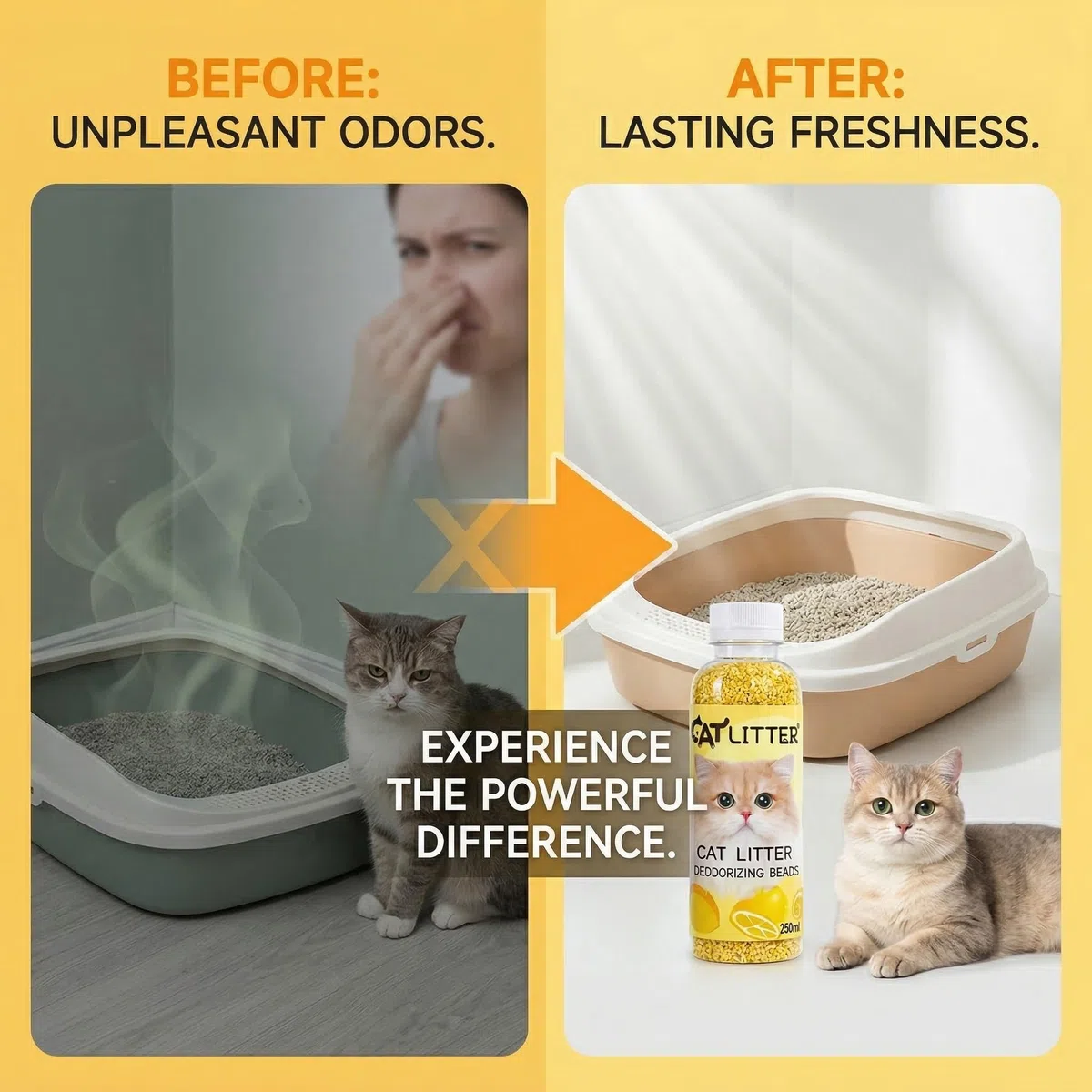 Deodorante per Lettiera per Gatti al Limone, Perle Deodoranti Naturali per Eliminazione Odori, Neutralizzatore di Ammoniaca a Lunga Durata, Additivo per Lettiere Gatti Freschezza 250ml