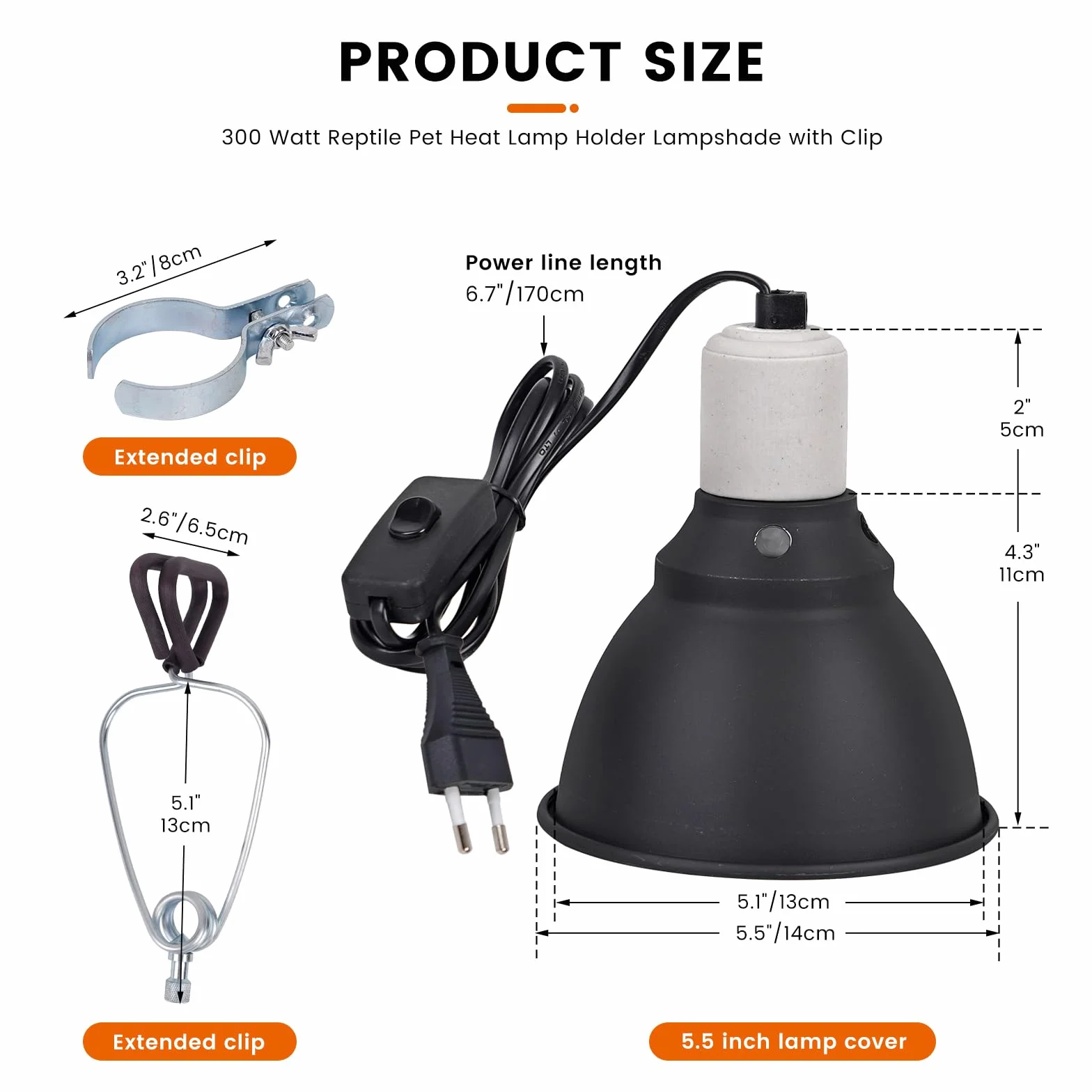 Supporto per lampada riscaldante E27 Cupola profonda Clip 5,5 pollici Riscaldatore tartaruga Serbatoio rettili Protezione in rete