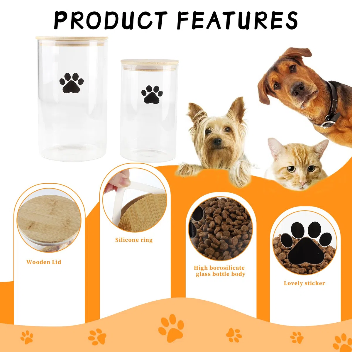 Geyecete Set di 2 Contenitore Crocchette Cani,4L + 2L Contenitore Vetro per Cibo Snack Per Cane Gatti,con Coperchio,Trasparente Contenitore per Biscotti Cane