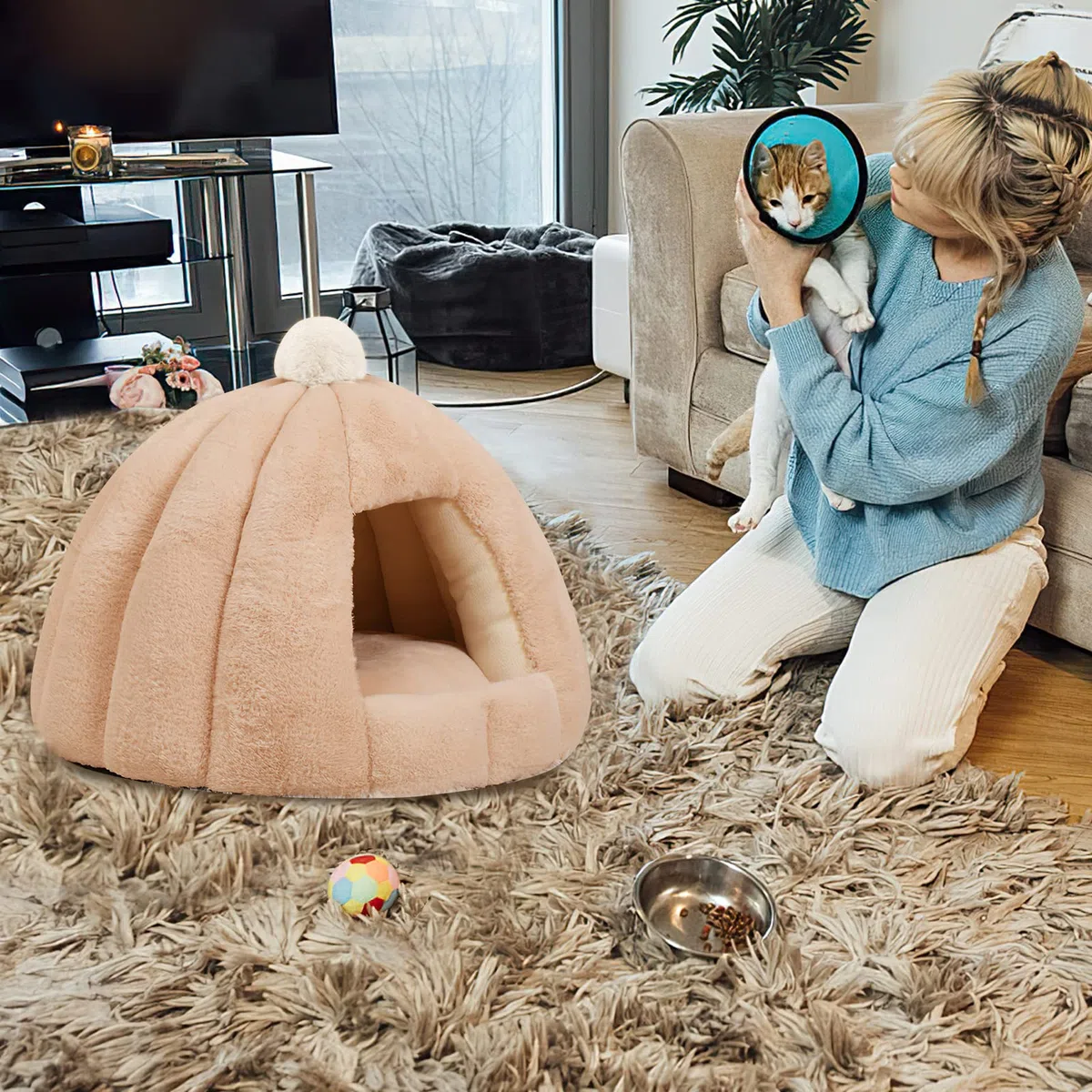 Galatée Letto Grotta Per Gatti, Letto Per Gatti Con Fondo Antiscivolo, Cuccia Per Animali Domestici Con Cuscino Interno Rimovibile e Lavabile, Morbido e Accogliente Igloo Gatto Di Peluche(S, Marrone)