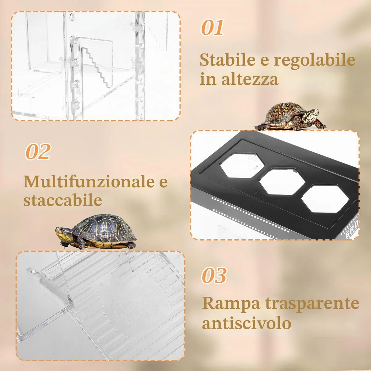 Tartaruga Piattaforma Regolabile Altezza Hanging Topper Habitat con Coperchio e Rampa, 25 × 16 × 16 cm PC Trasparente Piccolo Sopra il Serbatoio Recinzione Acquario per Baby Land Turtles Red Ear