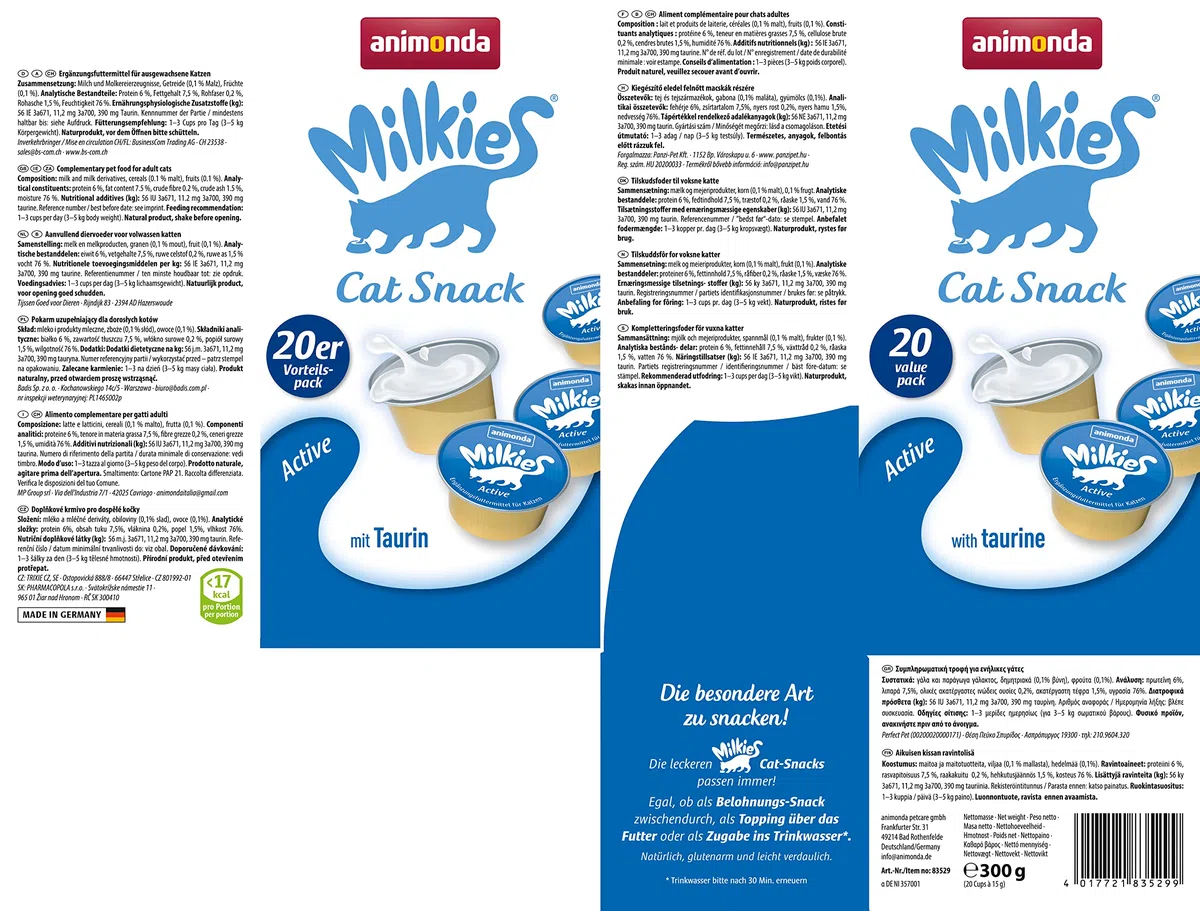 animonda Milkies Power, latte per gatti porzionato, Active, 4 x 20 capsule da 15 g