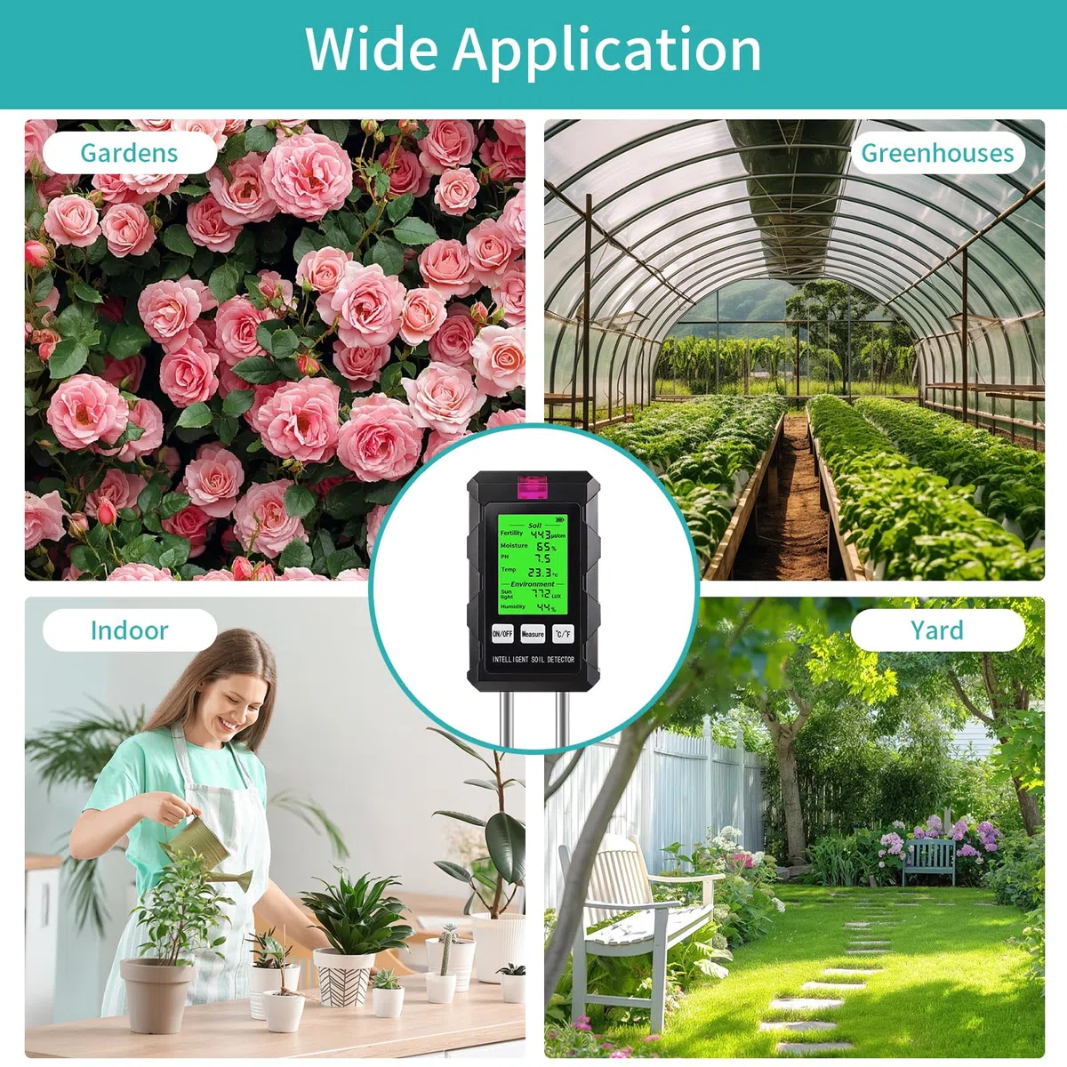 Misuratore PH Terreno 6 in 1, Misuratore Umidità Terreno, Fertilità del Suolo, Temperatura, PH,Luce Solare e Umidità Ambientale, per Giardinaggio,Prato,Agricoltura,Piante