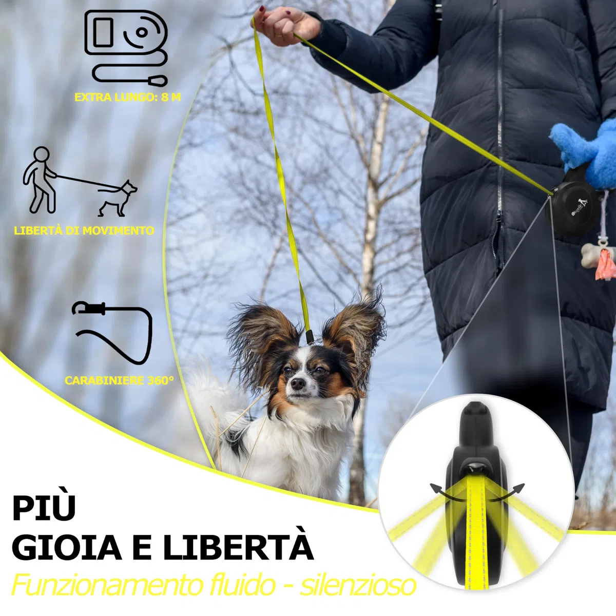 8m Guinzaglio per Cani per Cane Taglia Grande Fino a 50 kg, Giallo Neon Brillante Cinghia con Gancio a Scatto a 360° in Metallo, Freno di Ritrazione, Impugnatura Ergonomica Gommata, Nero