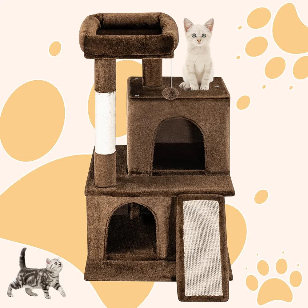 BAKAJI Albero Tiragraffi per Gatto con 3 Cucce Rifugio e 1 Pallina, Graffiatoio Animali Domestici Imbottito e Morbido Gioco Giocattolo, Centro Attività Multilivello Rampicante Altezza 91.5cm (Marrone)