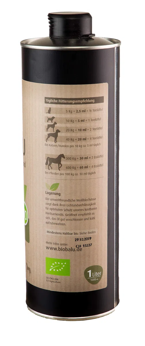 Bio Olio di Canapa, mangime complementare per Cani, Cavalli e Gatti.