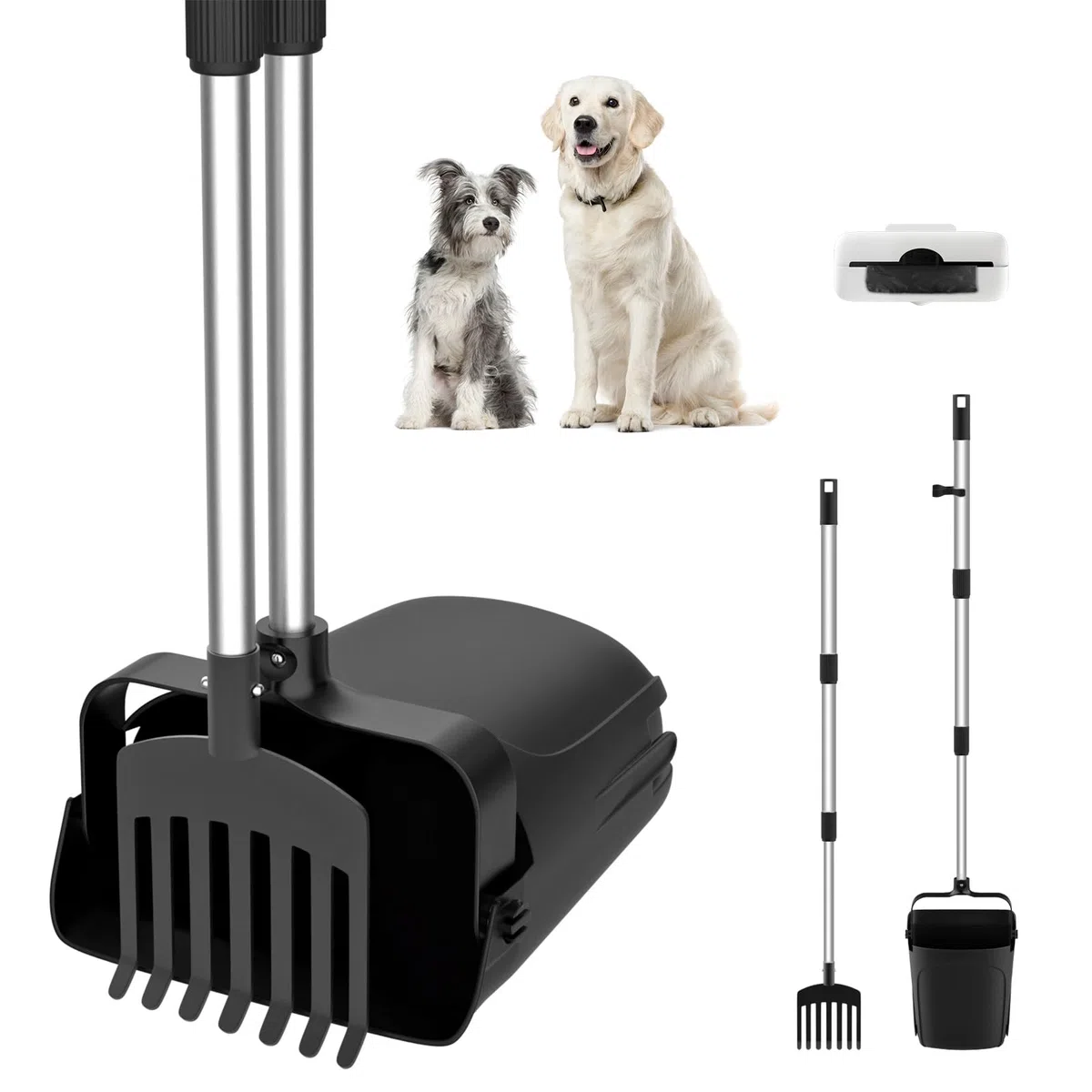 VavoPaw Palette per Escrementi Telescopico, 85CM Paletta Raccogli Cacca Cane Raccogli Feci Cane con 20 Sacchetti per Rifiuti, Raccogli Escrementi Portatile con Manico Lungo per Giardino Prato, Nero