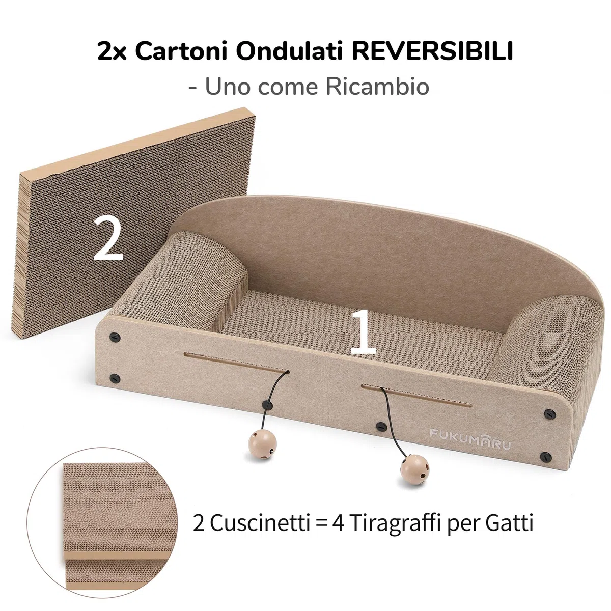 FUKUMARU Tiragraffi Per Gatti da 66 cm In Cartone Resistente,Letto e Divanetti per Gatti.Tappetino Tiragraffi per Gatti In Cartone Riciclabile Con Pallina da Giocare.