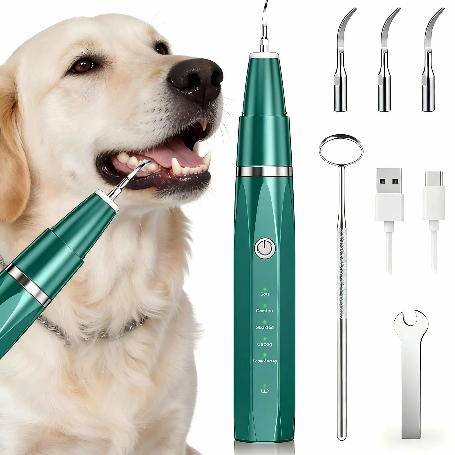 Pulitore Dentale a Ultrasuoni per Cani e Gatti – Pulizia Delicata, 5 Livelli, Ricaricabile USB, Resistente all'Acqua IPX6