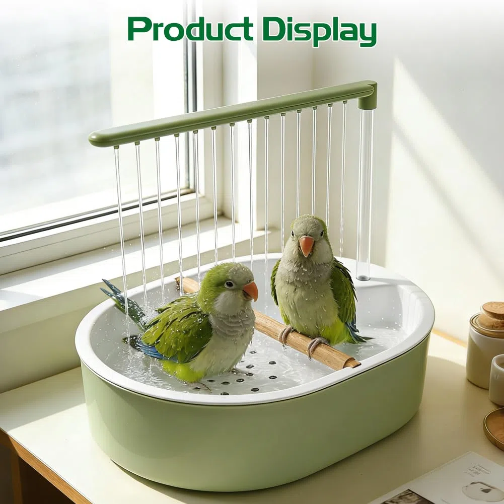 Bagno per uccelli, doccia per uccelli, pappagallini, doccia, uscita cascata, design antiscivolo, fontana per laghetto, accessori per gabbia, divertimento per pappagallo inseparabile