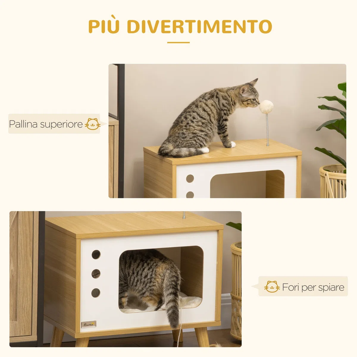 PawHut Casetta per Gatti a forma di Televisore con Cuscino e Pallina Giocattolo, Mobile da Soggiorno in Truciolato, 50x28x43 cm