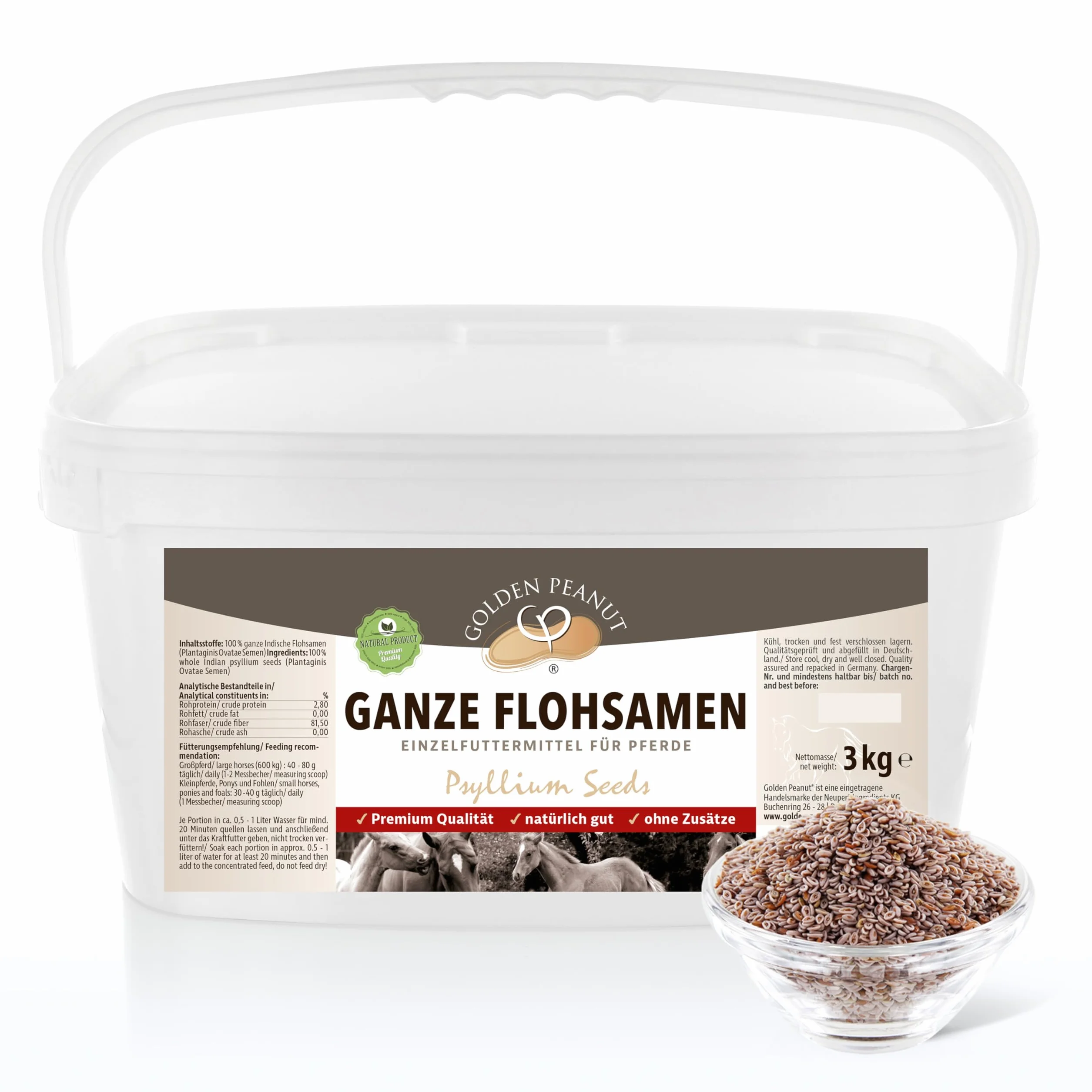 GOLDEN PEANUT Semi di psillio indiani purezza del 99% - per cavalli e pony 3 kg, riabilitazione dell'intestino, nutrire naturalmente