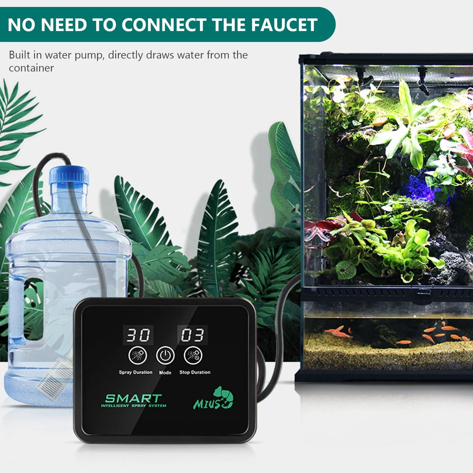 BORDEAG Impianto di Irrigazione Terrario, Sistema di Benebeling Rettile Intelligente, Umidificatore Terrario, Umidificatore Rettile Ugelli Spray 360 ° Regolabile Per Anfibi Rettili Piante