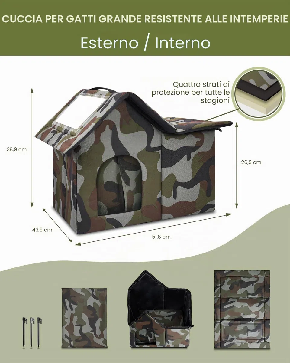 Cuccia per Gatti, Cuccia Gatto Esterno Impermeabile Pieghevole, Casetta per Gatti da Esterno per Animali Randagi 40 X 45 X 45 cm (Verde)