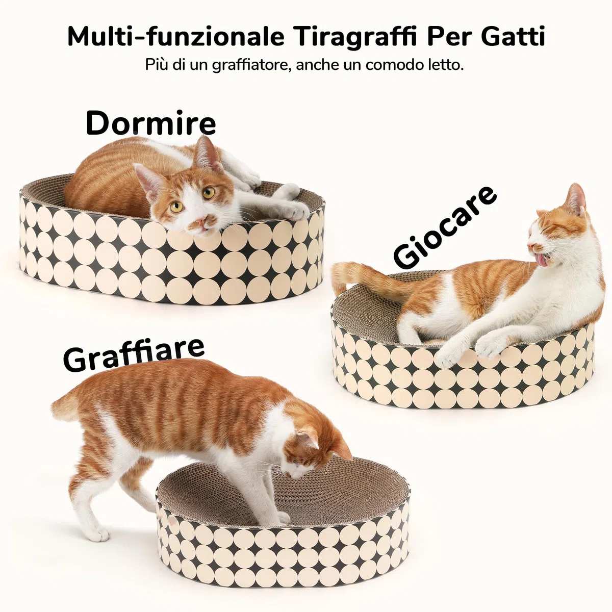 FUKUMARU Tiragraffi per Gatti in Cartone, Letto Graffiatoio Ovale per Gatti da Interno, Tiragraffi Moderno e Resistente a Forma di Cuccia, Protettore per Mobili da Graffiare, Stampa a Pois