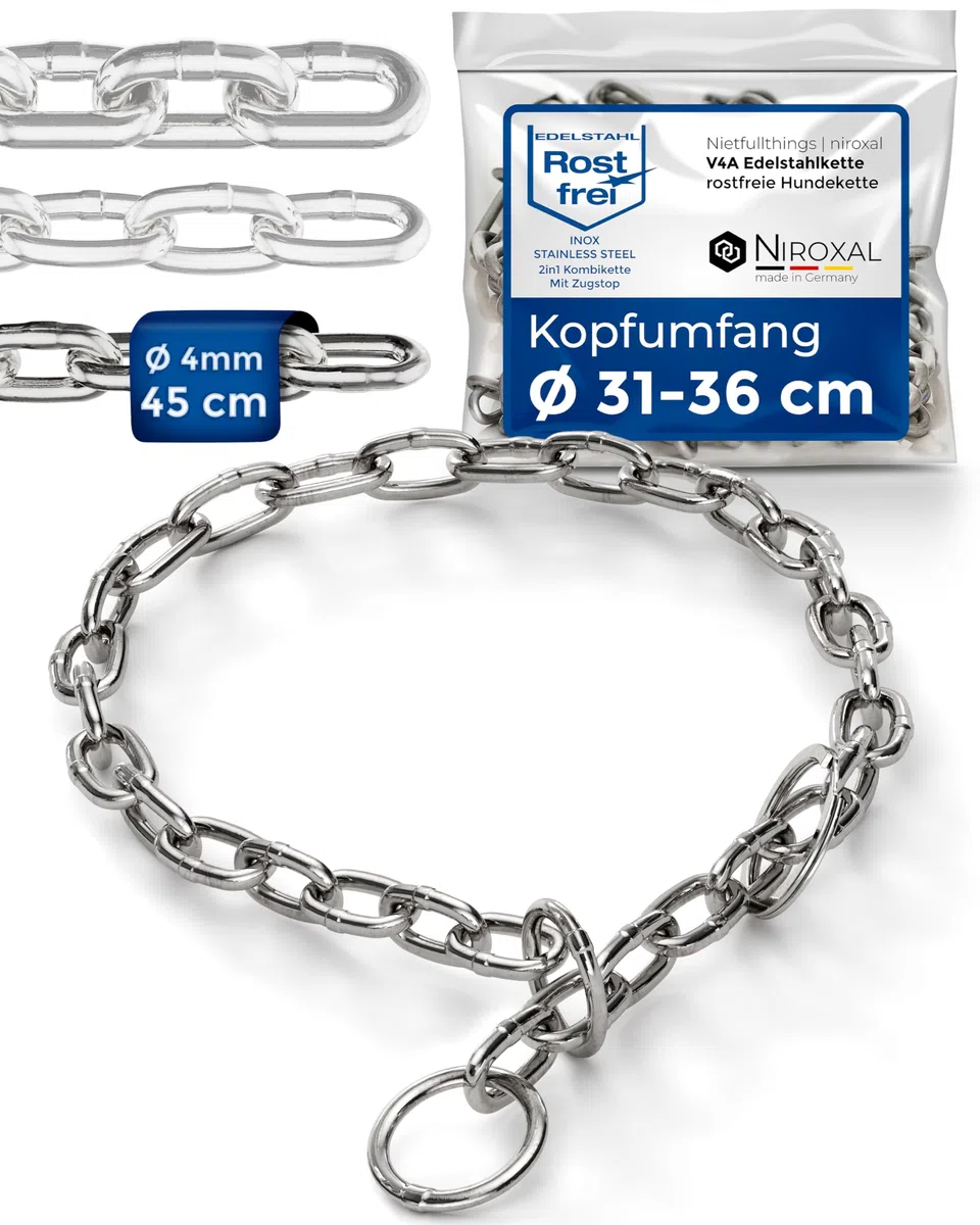 Collare addestramento cane acciaio inox V4A Ø4 mm – lunghezza 60 cm (lunghezza totale) – per circonferenza testa 46–51 cm – catena maglie corte con arresto di trazione