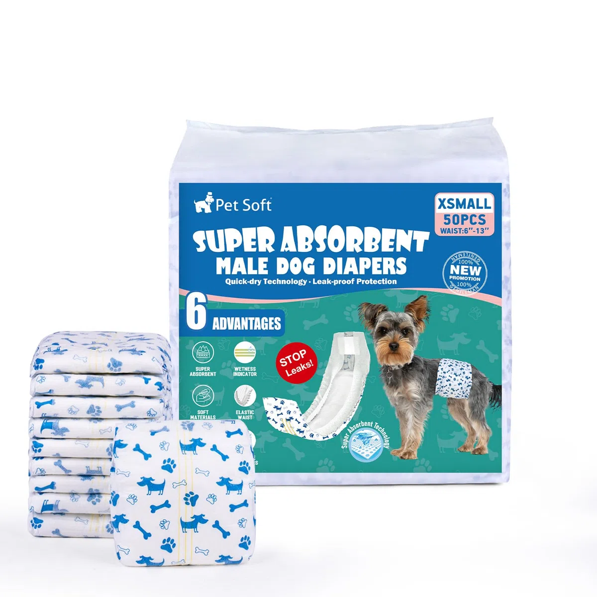 Pet Soft Pannolini per cani maschi - 50 pezzi pannolini monouso per cani maschi con indicatore di bagnatura, pannolini super assorbenti per cuccioli di cane maschi (XS-50 pezzi)