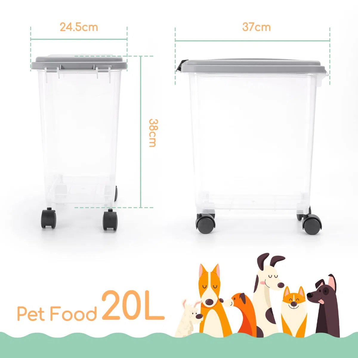 Nobleza - 2 Pezzi Contenitore per Animali da 20 L, Animali Domestici Scatola di Alimenti con Ruote Contenitore, Coperchio Ribaltabile, Ermetico, Trasparente, Ruote e Pala, per Cibo per Cani e Gatti