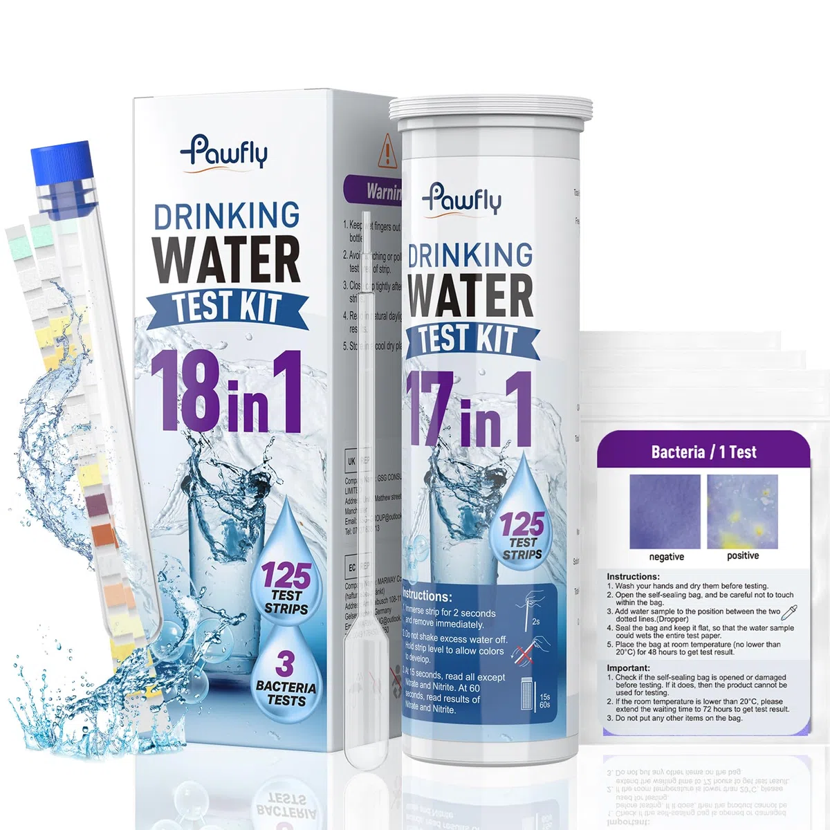 Pawfly Tester Acqua Potabile 18 in 1 con 125 strisce e 3 sacchetti test batteri per acqua di rubinetto pozzo piscina acquario. Controlla pH durezza cloro piombo ferro nitrato fluoruro e altro