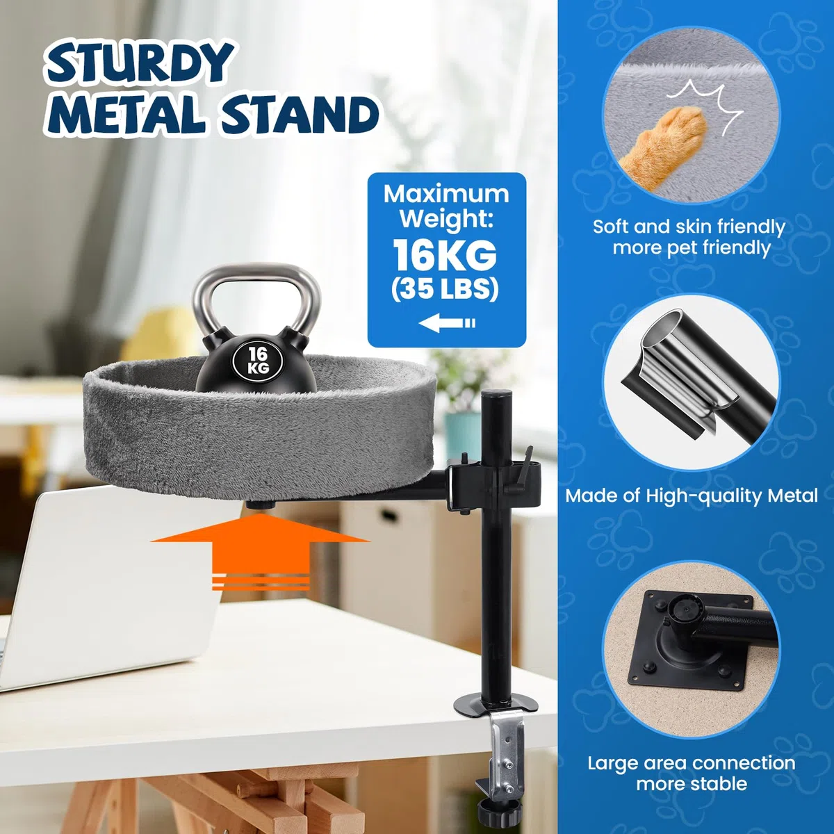 BSWAY Cuccia per gatti da scrivania – Nessuna perforazione rotazione a 360°, altezza regolabile, cuccia per gatti rialzata sopra la scrivania (Grigio scuro​, XL)