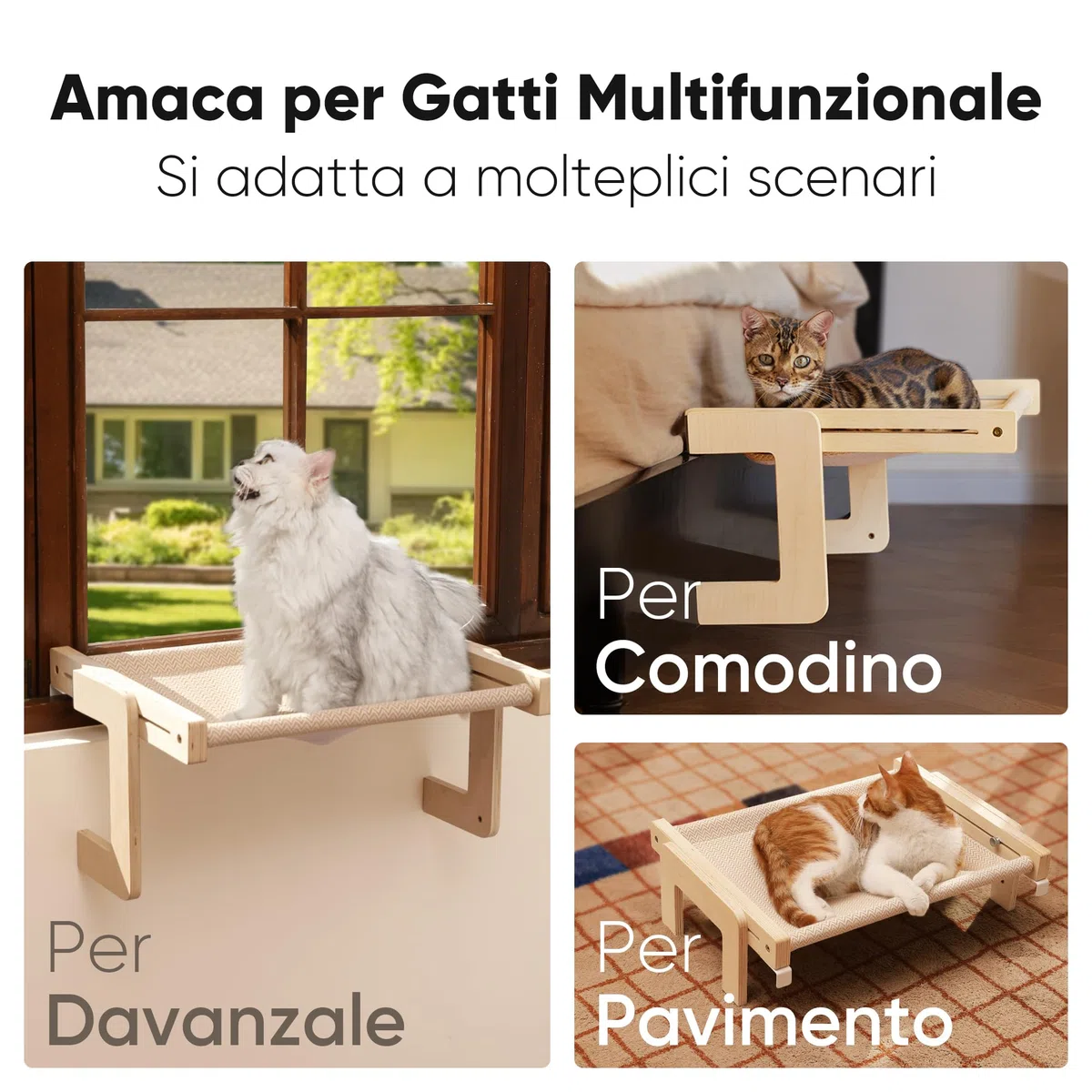 FUKUMARU Amaca per Gatti, Ripiano per Davanzale e Pavimento, Letto da Finestra per Gatti Grandi e Cuccioli, Struttura Rinforzata in Legno e Metallo, Amaca Trasformabile, Facile da Montare