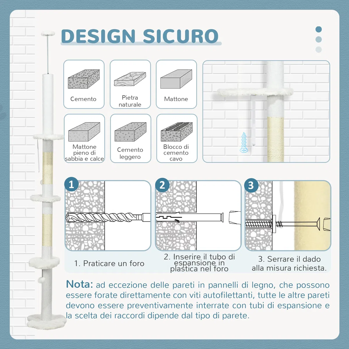 PawHut Albero Tiragraffi a Soffitto con Altezza Regolabile, Torre per Gatti Multilivello con Pali Tiragraffi in Corda di Sisal, 48x32x225-255 cm, Bianco