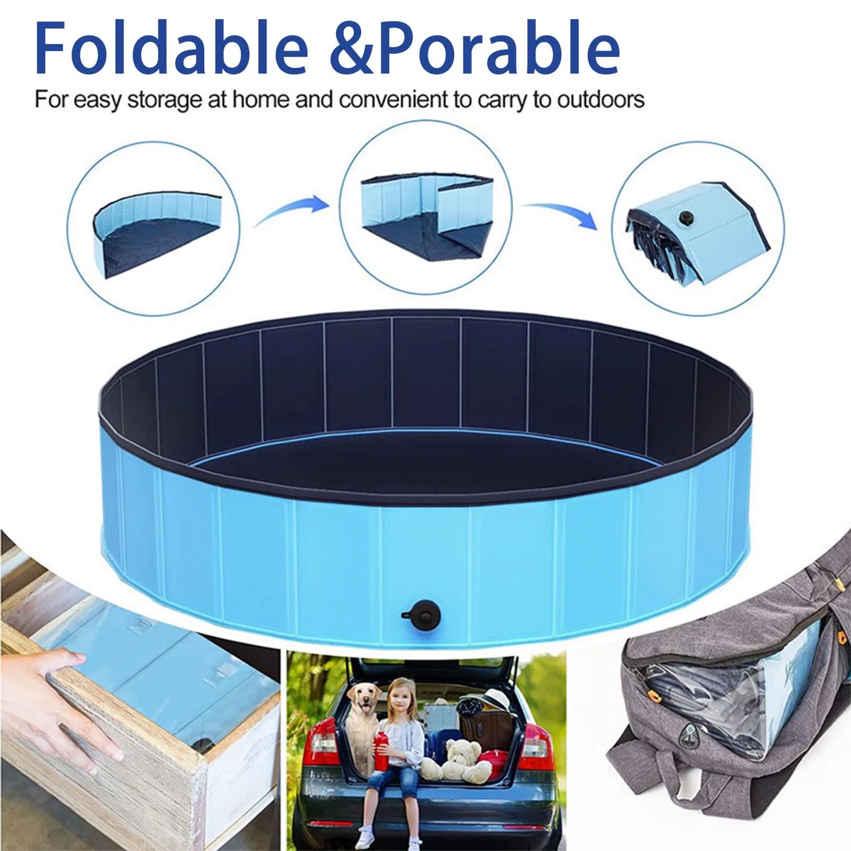 Piscina per cani, grande, 80 x 30 cm, pieghevole, per animali domestici, antiscivolo, portatile, in PVC, blu