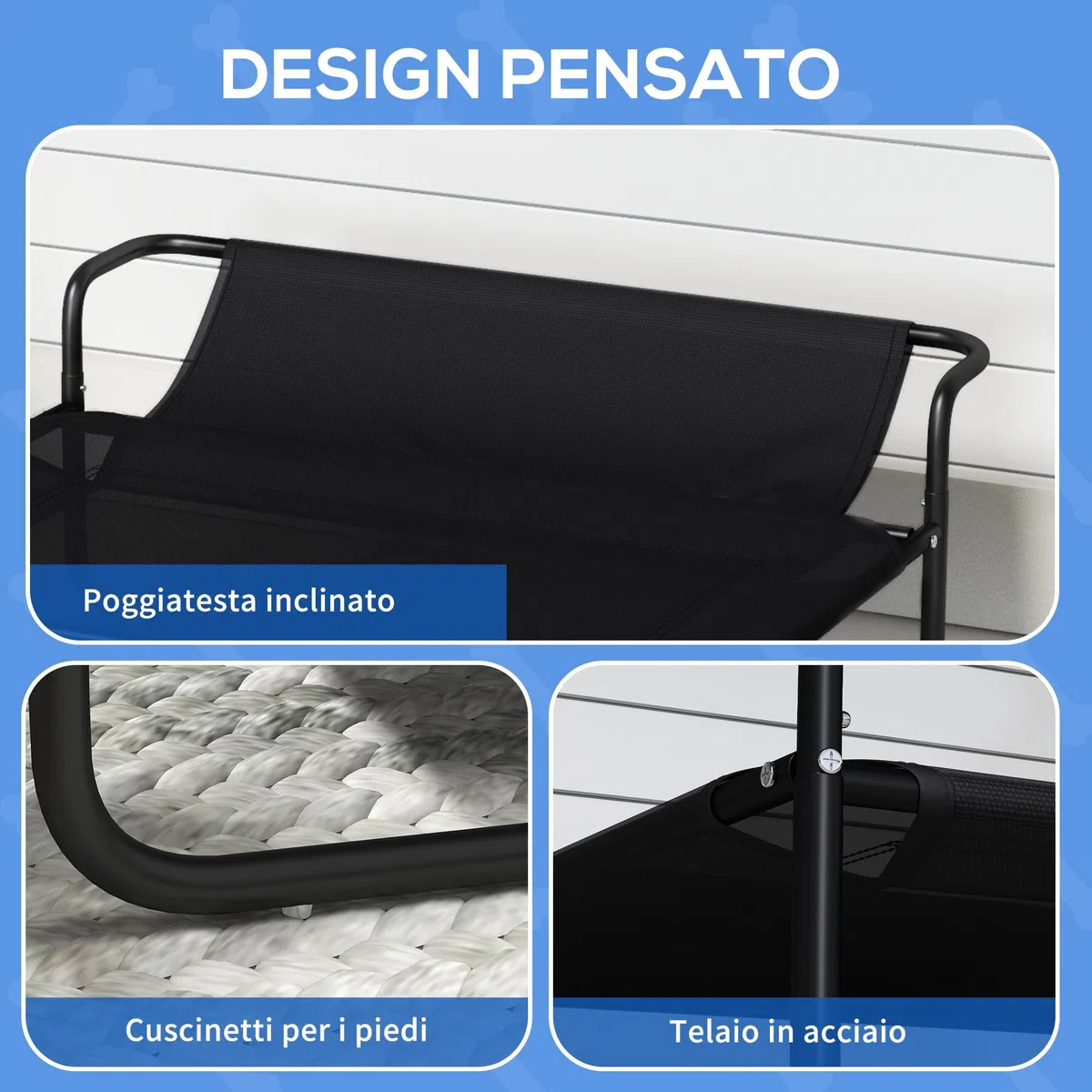 PawHut Lettino per Cani Rialzato, Letto da Campeggio per Cani e Gatti con Poggiatesta, Tessuto Traspirante Texteline, per Interno ed Esterno, 91x69x29 cm, Nero