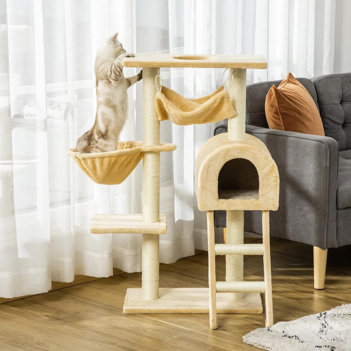 PawHut Albero Tiragraffi per Gatti Multilivello con Amaca e Casetta, Corde in Sisal Naturale, Beige, Altezza 98cm