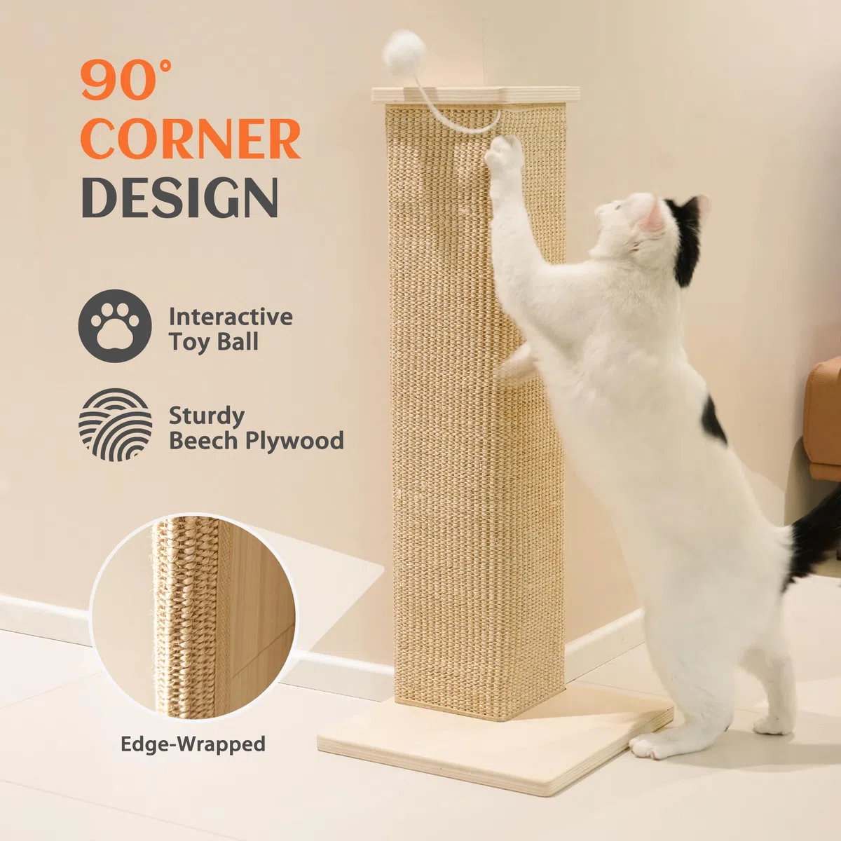PETKARAY Tiragraffi angolare per gatti, 55,9 cm, in sisal, per gatti interni, protezione per mobili da parete, con palla giocattolo