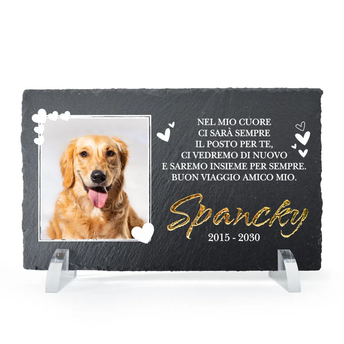 Targa Commemorativa per Cani, gatti e animali domestici in Ardesia, 26,5x16 cm, Personalizzazione, Lapide ricordo Cane anche da esterno con Foto del Tuo amimale domestico, piedini Inclusi (Flap3)
