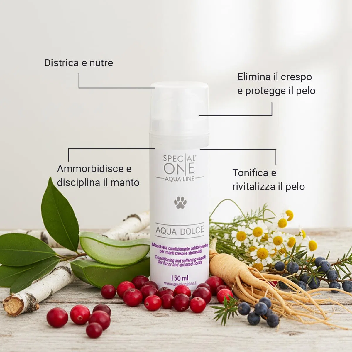 SPECIAL ONE - AQUA DOLCE Maschera Condizionante Cani - Nutre, Districa e Ristruttura il Manto con Proteine della Seta e del Latte - Ideale per peli difficili, trascurati o sottoposti a stress - 150 ml
