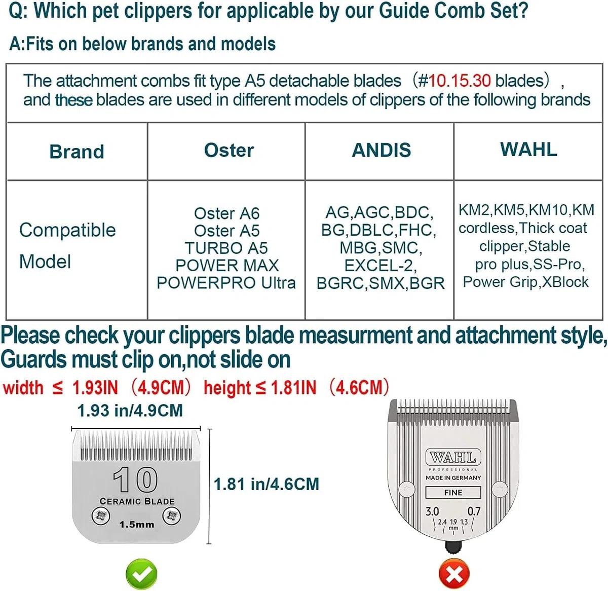 Accessorio per cani in acciaio inossidabile Pettine guida a 8 colori,compatibile con heiniger/MOSER Max45,50/Andis/Oster A5/Wahl KM10 Lama staccabile (adatta per 10/15/30 lame)
