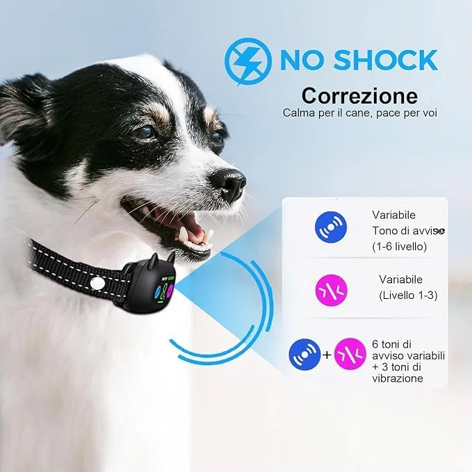 Collare Antiabbaio, con Modalità di Vibrazione e Segnale Acustico, per Cani di Piccola, Media e Grande Taglia 2.5-55kg Ricaricabile