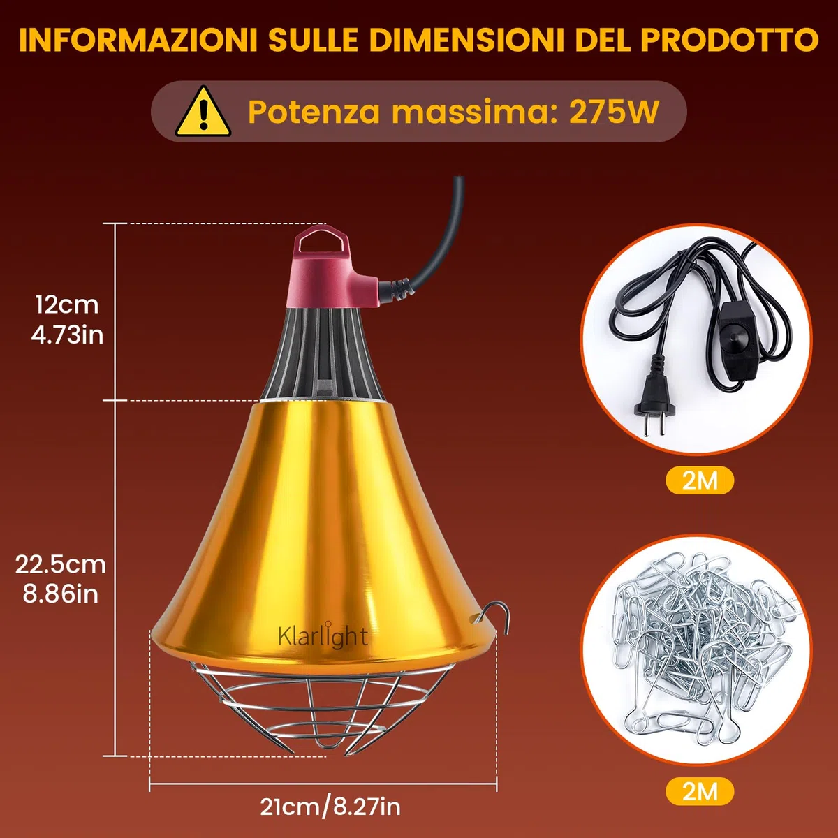 Klarlight Lampada Infrarossi Riscaldante Dimmerabile,E27 Riflettore Portalampada con Griglia di Protezione,Cavo da 2M,Maximal 275W,Lampada Riscaldante per Cani Pulcini Suinoi(senza lampadina)