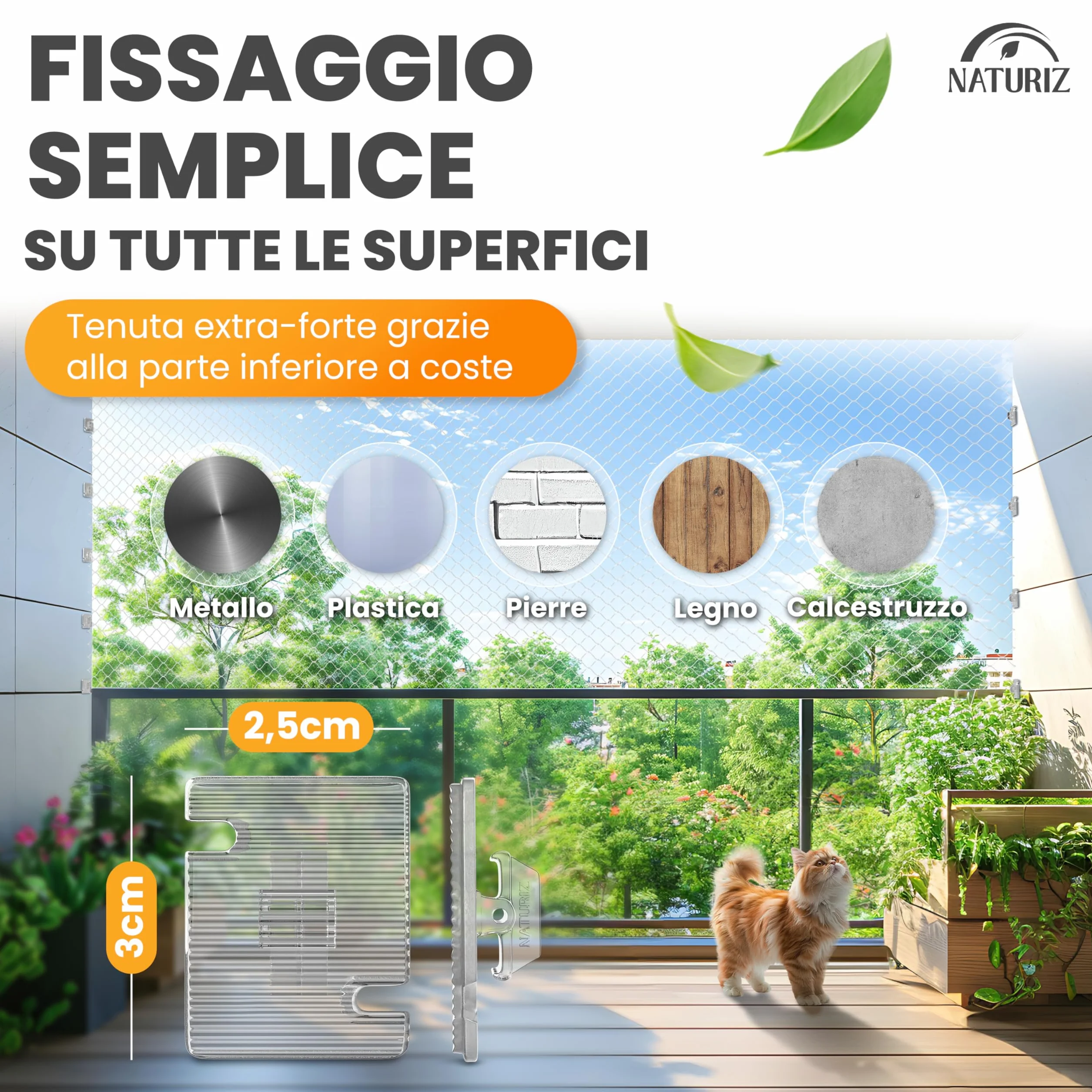 Naturiz® Rete per gatti per balcone senza fori inclusa con ganci adesivi e silicone – Rete di protezione per gatti per balcone e finestre, rete per gatti trasparente - Rete anti-piccioni, protezione