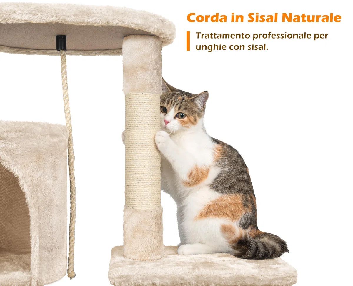 HOMIDEC Tiragraffi per Gatti,112cm Multifunzionale Alberi Tiragraffi Stabile con 4 Pali in Sisal,3 Piattaforme e 1 Cuscino per Albero Gatti Ideale per Gioco e Relax-Beige