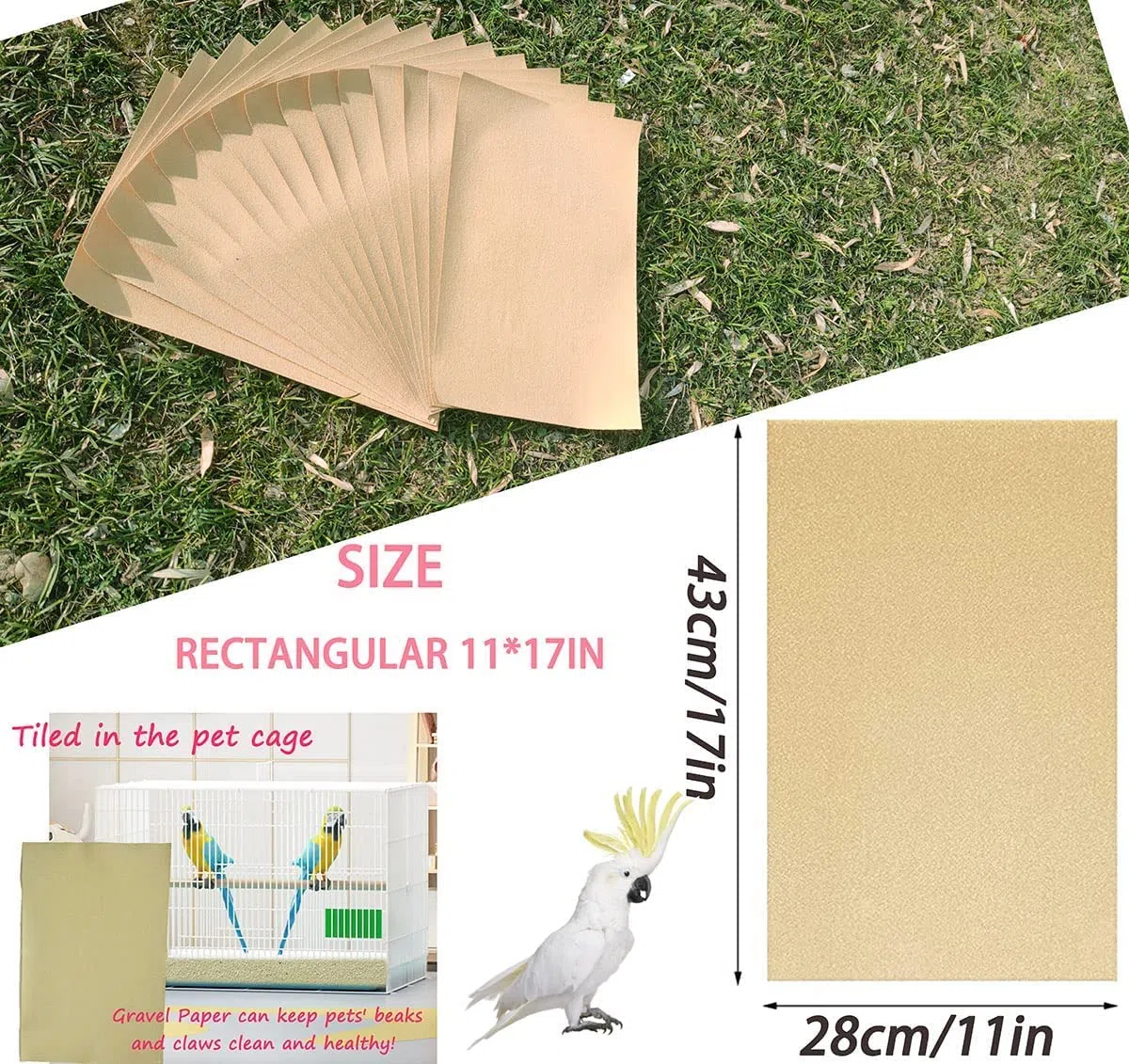 Carta per ghiaia per gabbie per uccelli, 27,9 x 43,2 cm, per gabbie per uccelli, carta di calcio speciale per gabbie per uccelli in sabbia marina, carta vetrata facile da pulire, carta vetrata per