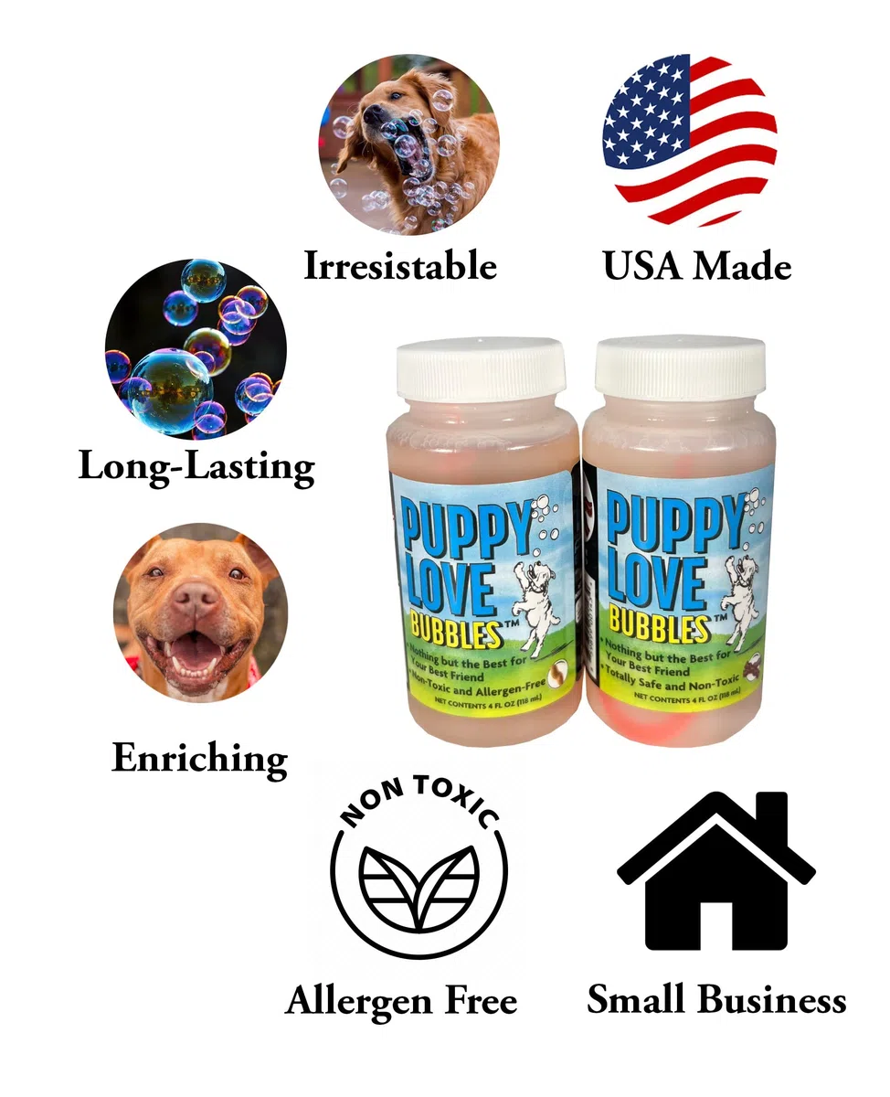 Puppy Love Bubbles, bolle profumate al burro di arachidi da 113,4 g, confezione da 2 bottiglie al gusto di burro di arachidi per cani