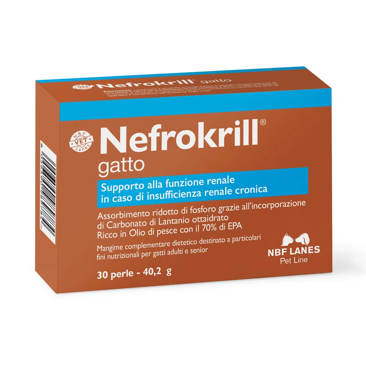 NBF Lanes | Nefrokrill Gatto, 30 Perle Softgel, Supporto alla Funzione Renale in Caso di Insufficienza Renale Cronica, per Gatti Adulti e Senior