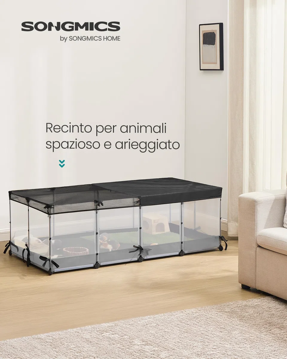 SONGMICS Parco recinto, recinto per piccoli animali, pannelli semi-trasparenti, tela traspirante, tappeto impermeabile, per coniglio, riccio, porcellino d'India, Furetto, 144 x 74 x 47 cm, bianco