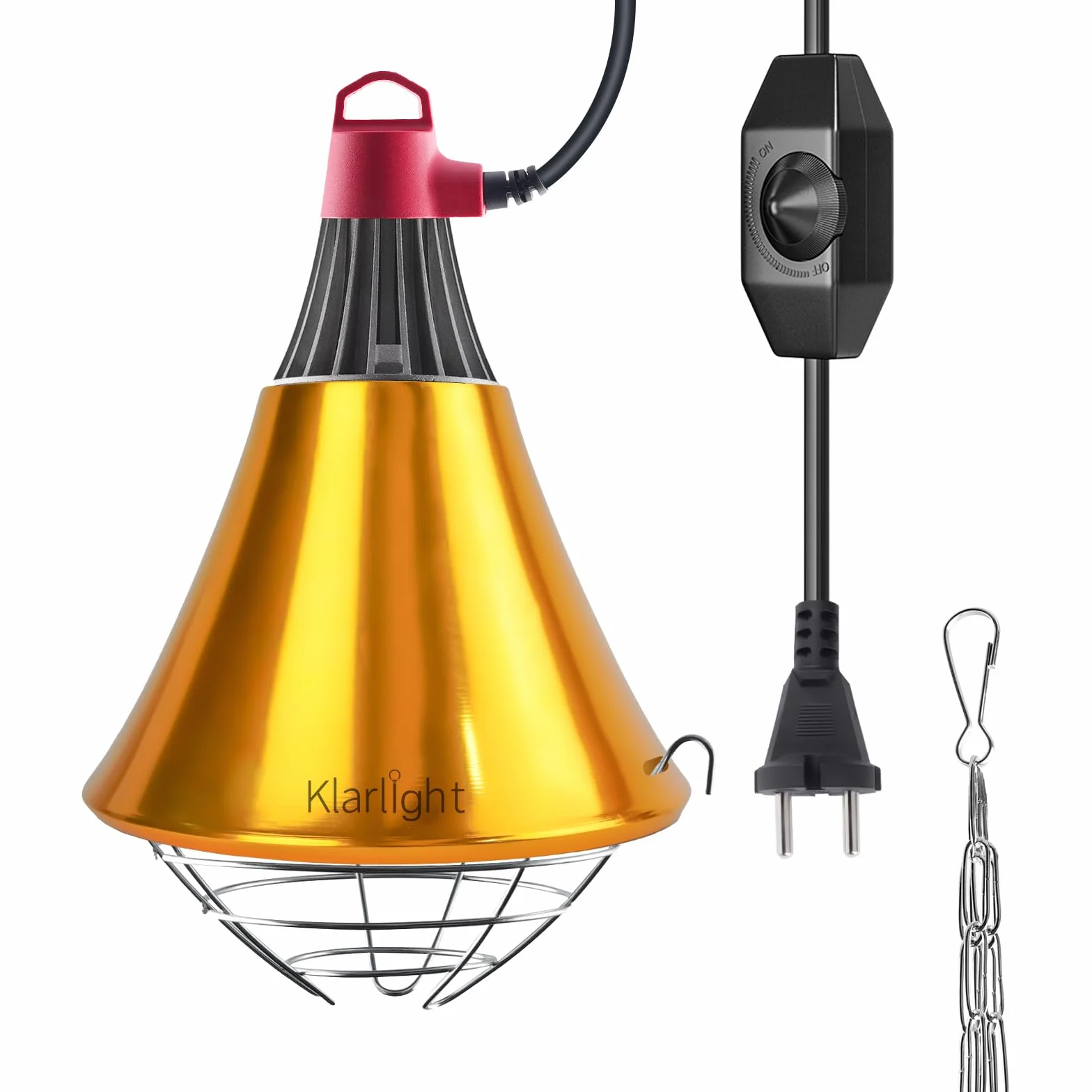 Klarlight Lampada Infrarossi Riscaldante Dimmerabile,E27 Riflettore Portalampada con Griglia di Protezione,Cavo da 2M,Maximal 275W,Lampada Riscaldante per Cani Pulcini Suinoi(senza lampadina)