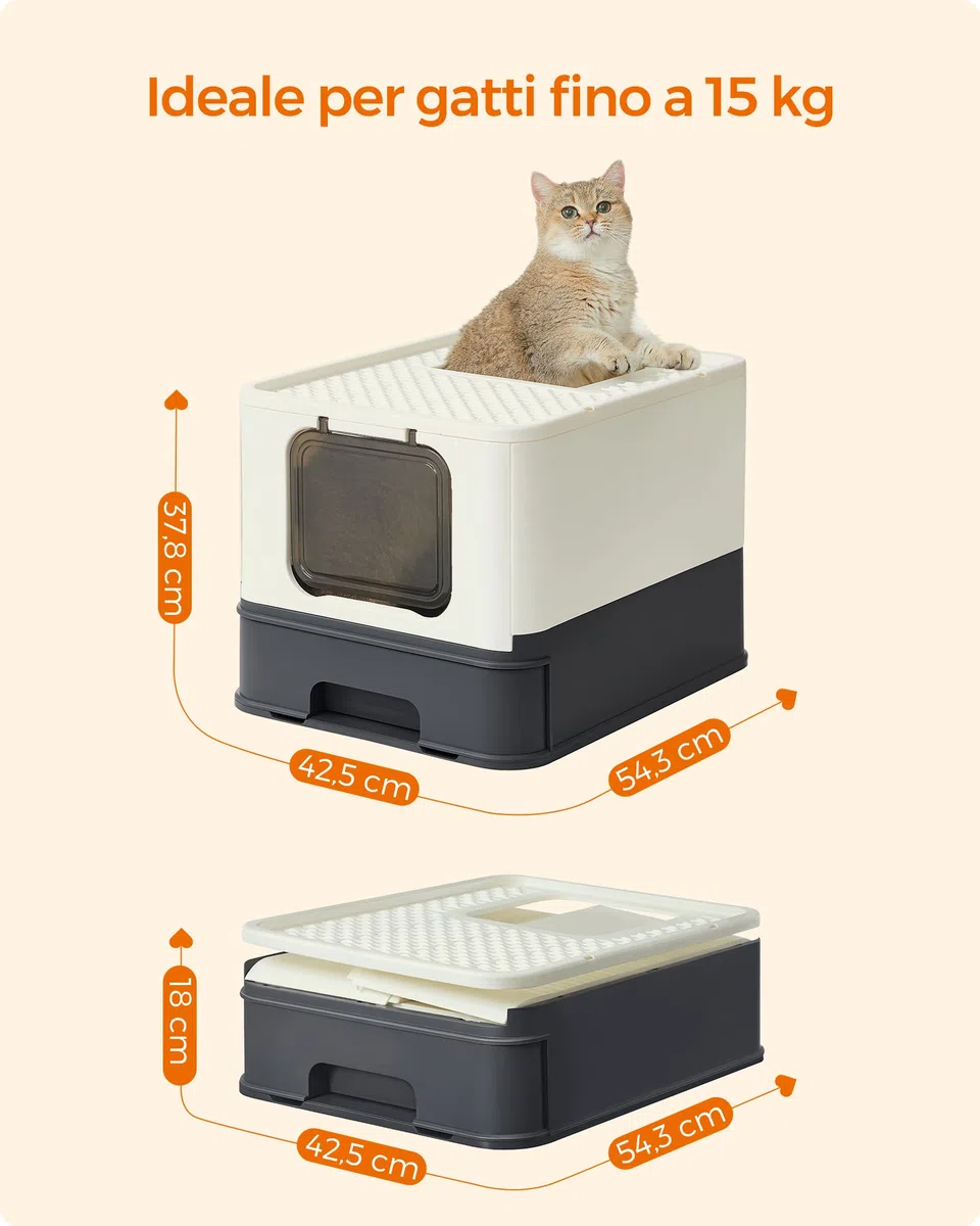 FEANDREA Casetta per Lettiera per per Gatti Grandi Nascosta, Vassoio Estraibile, Paletta, Spazzola, Ampio, Portata 15 kg, Antipertita, Beige e Nero PPT001W01