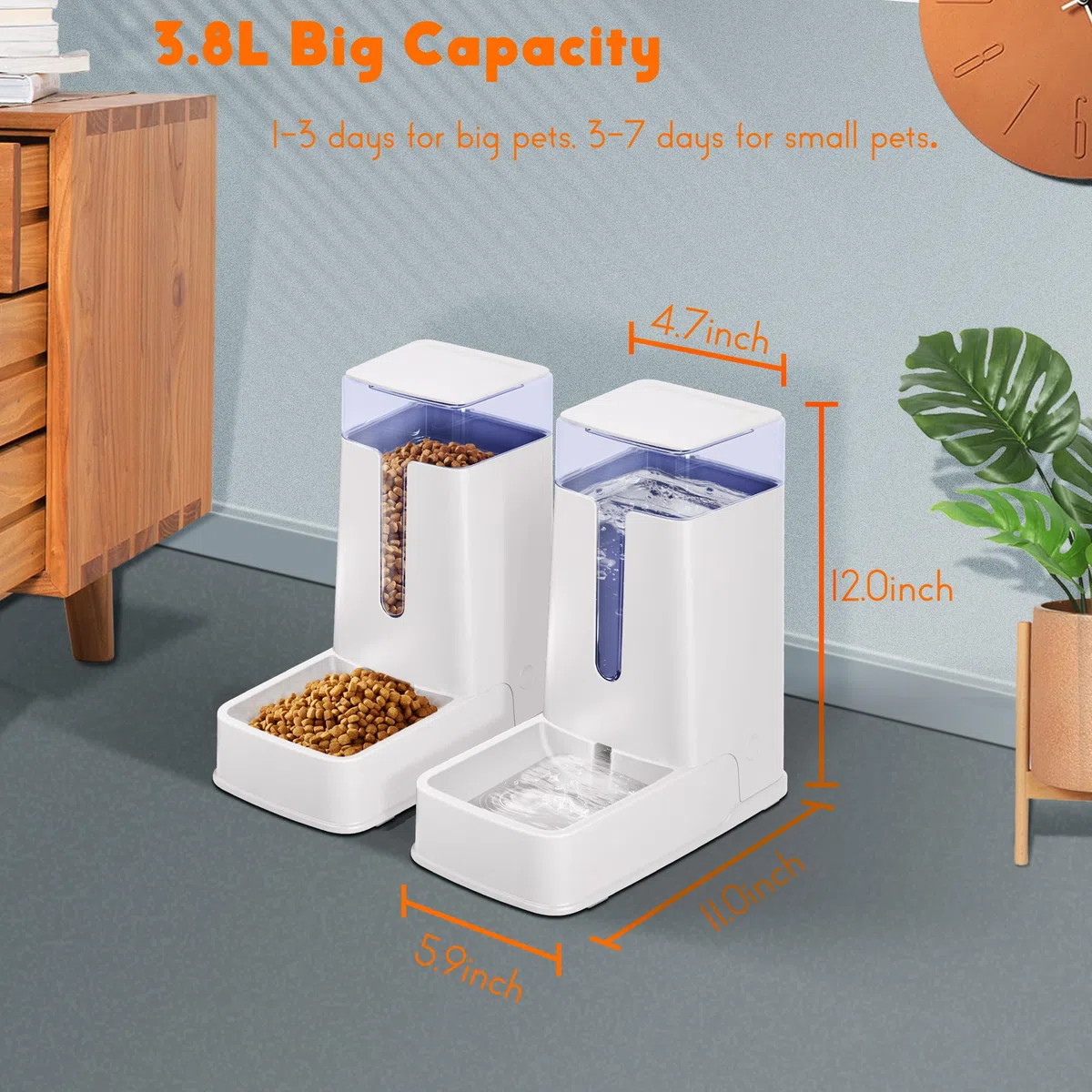 Distributore automatico di cibo e d'acqua per gatti in set da 2 confezioni, da 3,7 L, per animali domestici piccoli e medi, cuccioli e gatti, set di 2 pezzi