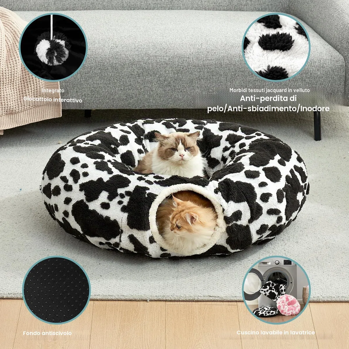 COZY KISS Tunnel per Gatti Interni con Letto, Tunnel con Due Entrate, Cuccia Con Cuscino Lavabile, Peluche Morbida, Interattivo per Cuccioli/Gattini/Conigli (Bianco & Nero, 85D)