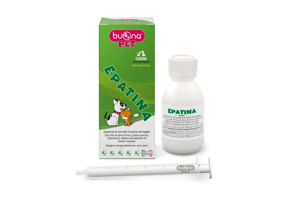 Epatina Flacone Buona Pet Cani e Gatti 60 g con Siringa, Supporta la funzione del fegato con Sylimarin phytosome®, Colina, Vitamina E, Selenio e Olio di semi di Lino, Olio di Pesce, fonte di EPA e DHA